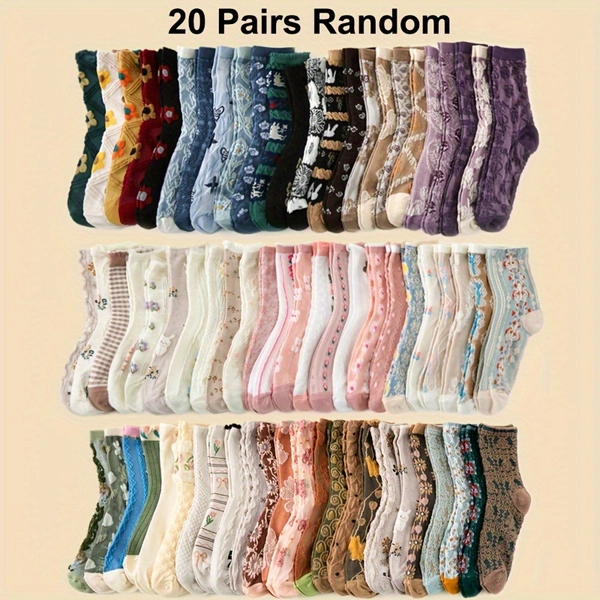 20 Pairs'court Aesthetic'Women'S Embossed Floral Mid-Calf Socks, Puff Sleeve Romantic Without Legs, Light Beige-Friendly Breathable, paired with Mary Jane Shoes/Longs to Show French Elegance, Retro Artwork for Daily Wear