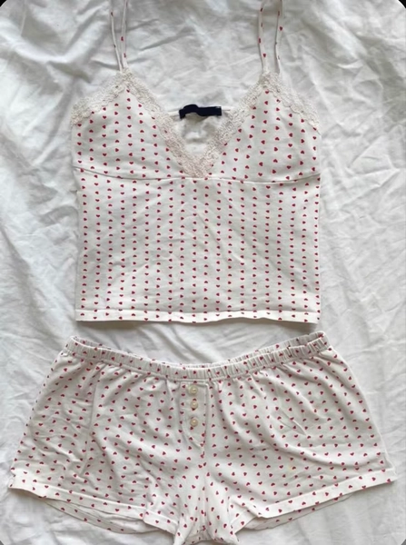 Red Heart Print Pajama Set Women Summer Cotton Crop Top Shorts