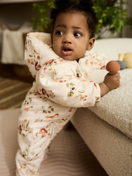Ecru Woodland Printed Hooded Baby Pramsuit (0mths-2yrs)