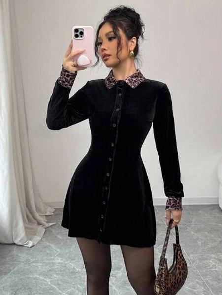 Elenzga Leopard Velvet Black Elegant Romantic Minimalist Loose Fit Dress For Women Fall Cloth For Women