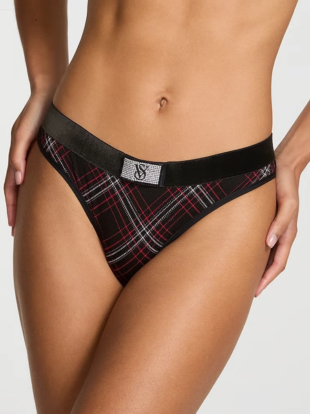 Logo Cotton Shine Patch Velvet Thong Panty