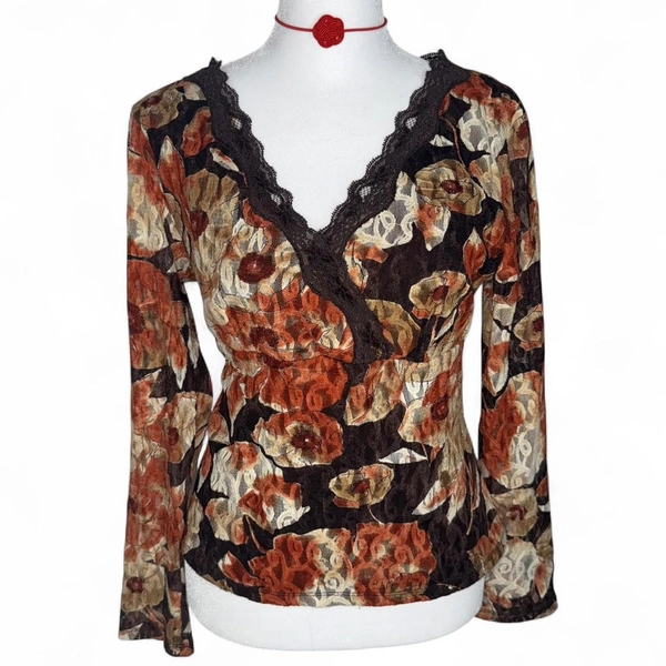 stunning Y2K brown and orange floral lace long...