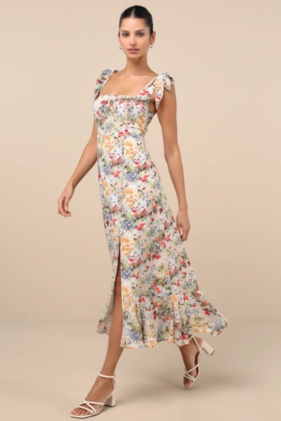 Summer Invite White Multi Floral Tie-Strap Tiered Midi Dress