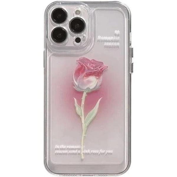 Flower Phone Case for iPhone 15 Pro, Cute Aesthetic Clear Pink Gradient Rose Phone Cover for Women Girls