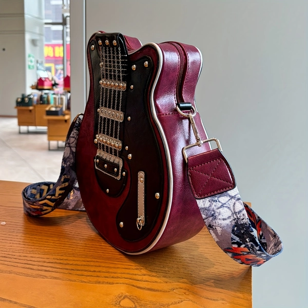 Women's & Unisex Guitar Bag - Electric guitar design with Burgundy accents, Crossbody/Shoulder Bag, Zipper Closure, Machine Washable - for Music Lovers, Concerts, Themed Events - Retro Rocker Everyday Purse, Concert Essentials, Steampunk Aesthetic, Highquality Finish, Statement Piece, Festival Goers