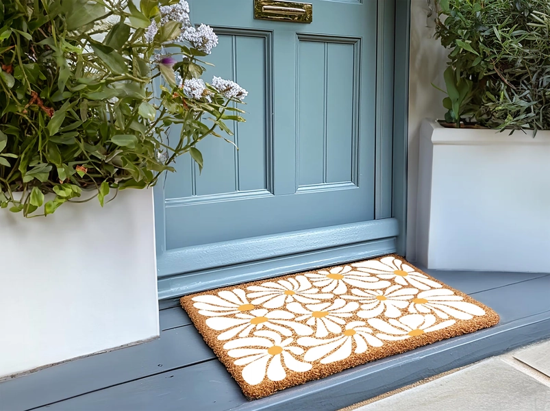 Retro Floral Coir Doormat, Modern Poppy Design, Housewarming Gift