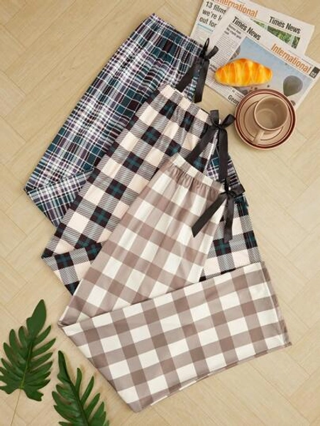 3pcs/Pack Plaid Print Bow Decor Pajama Pants