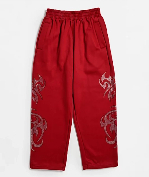 FB County Rhinestone Red Straight Leg Sweatpants 