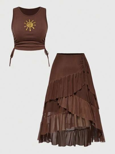 ROMWE Country Spring/Summer Women's Hippie Vintage Music Festival Embroidered Sunflower Tank Top & Asymmetrical Hem Ruffle Hem Skirt 2 Pieces Set - Size L