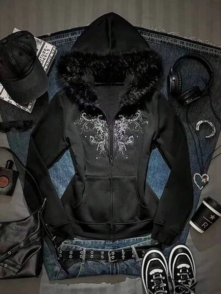 SHEIN EZwear Women's Floral Print Rhinestone Zipper Front Fuzzy Collar Casual Hoodie Jacket, Autumn/Winter Rhinestone Zip Up Cross Goth Clothes Ahs Style Clothes Rockstar Outfit Women Anime Clothes