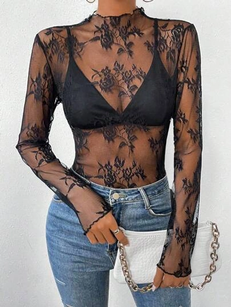 Allurite Mock Neck Lettuce Trim Sheer Lace Top Without Bra Fall Cloth For Women