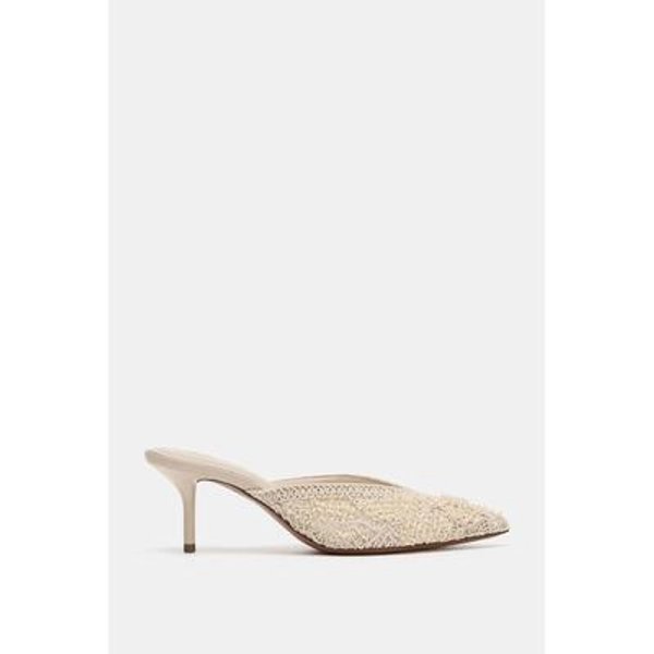 Zara - Mule Heel Shoes With Appliqués - Off White - 6½ - Woman