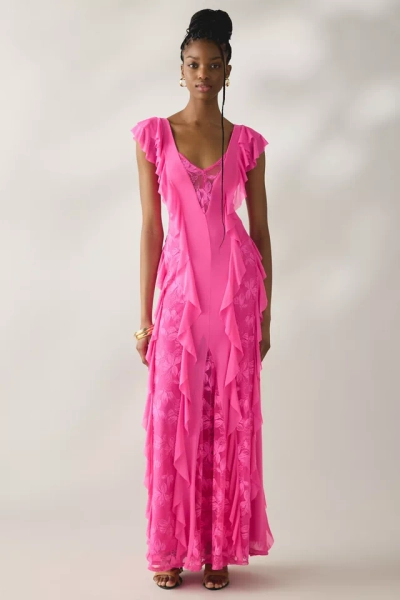 AFRM Trista Brilliant Pink Cascading Ruffle Lace Maxi Dress