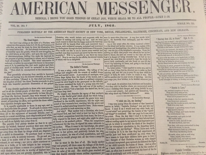 American Messenger Newspaper july 1862