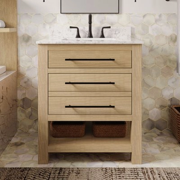 allen + roth Kennilton 30-in Light Oak Undermount Single Sink Bathroom Vanity with White Veined Engineered Stone Top in Brown | LWS30KNTLN