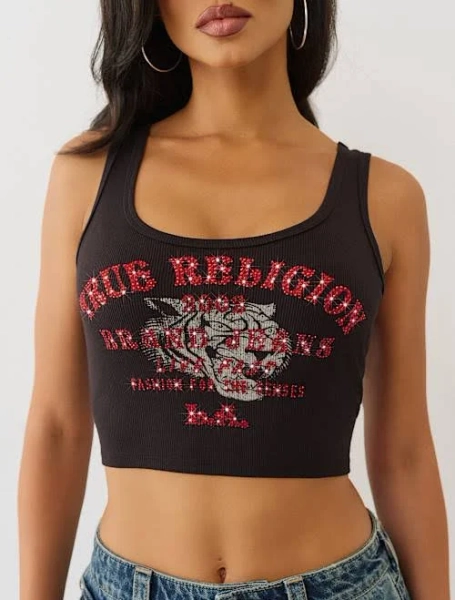 True Religion Women's Crystal Tiger Cropped Tank Top