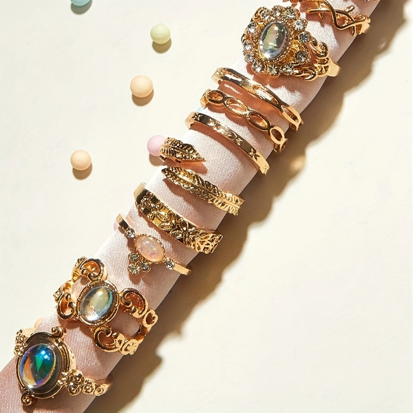 [12pcs Bohemian Rings] 12pcs/Set Bohemian Rhinestone Rings, Leaves, Butterfly, Shapes | Suitable for Women, Summer, Beach, Wear, Valentine's Day, Mother's Day, Easter, Gift