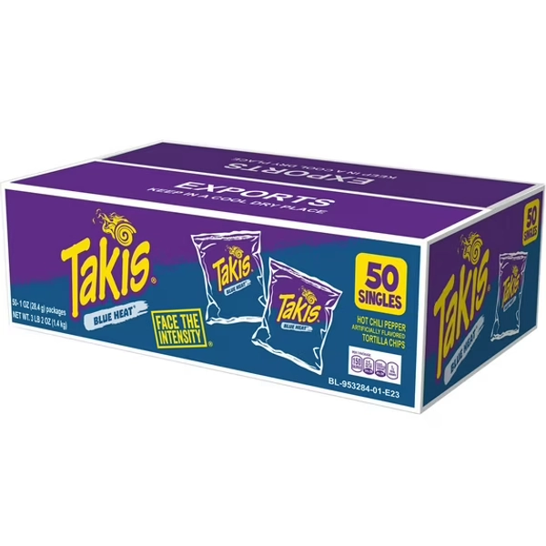Takis Blue Heat Tortilla Chips, Hot Chili Pepper, 1 oz, 50 ct