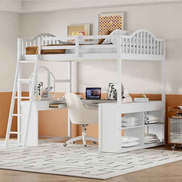 Wooden Loft Bed With U-Shaped Desk And Tri-Fold Mirror Latitude Run