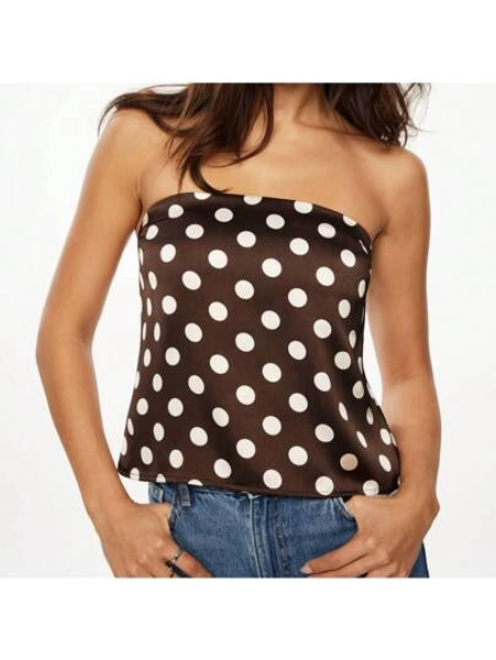 Women's Polka Dot Line Neck Sleeveless Loose Bottom Strapless Top Is Suitable For Travel Party Dance
