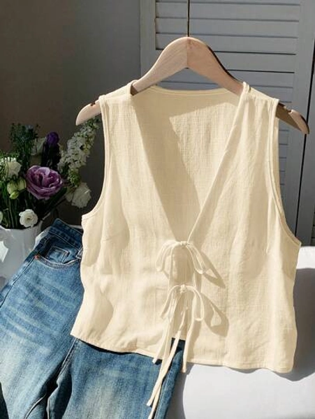 Comfortcana Women Plain Front-Tie Sleeveless Casual Blouse
