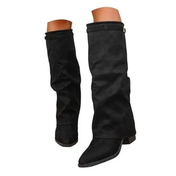 Mepaouo Fold Over Boots Chunky Heel Slouch Knee High Boots Wide Calf Winter Pull on Dressy Tall Boot Women's