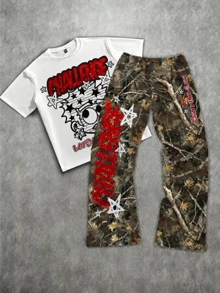 SHEIN Loose Cartoon Red/White Graffiti Figure & Branch Camouflage Print Knit Short Sleeve T-Shirt And Flare Pants 2 Pieces Set, Suitable For Summer, Kids Camo Outfit Boys Camo Clothes Camo Set Kids Real Tree Boy Clothes Challenge Outfit Kids
