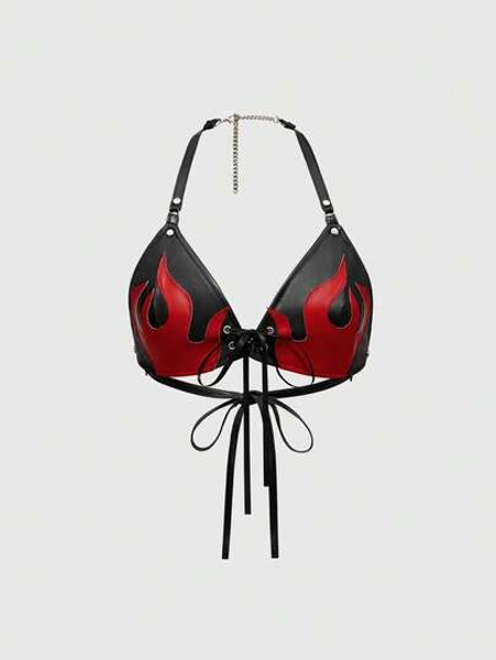 ROMWE Grunge Punk Y2K Sexy Crop Top Flame Patch Fitted PU Bikini Camisole - Size L