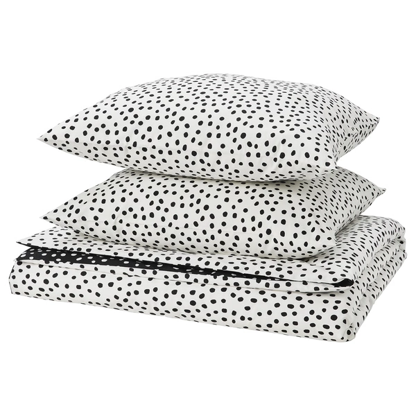 BJÖRKGRÅMAL Housse de couette et 2 taies - noir blanc/à pois 240x220/65x65 cm