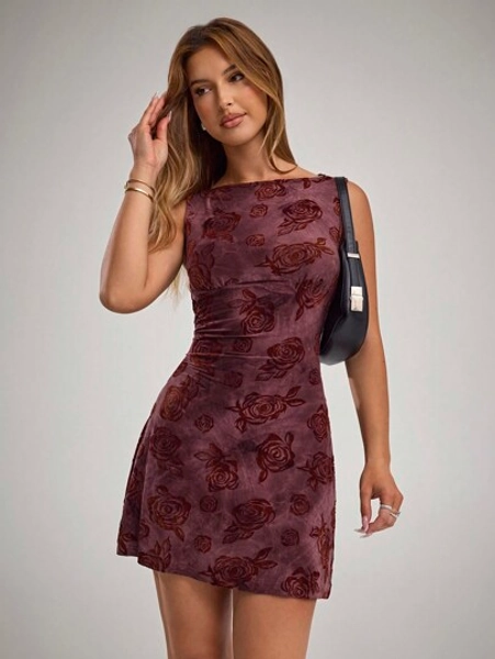 Forever 21 Women Floral Tie-Dye Print Round Neck Sleeveless Short Dress