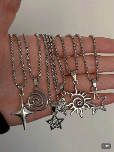 6pcs/Set Men's Vintage Gothic Punk Star, Flame, Spiral, Sun, Heart Stainless Steel Pendant Necklace Set,   Valentine's Day