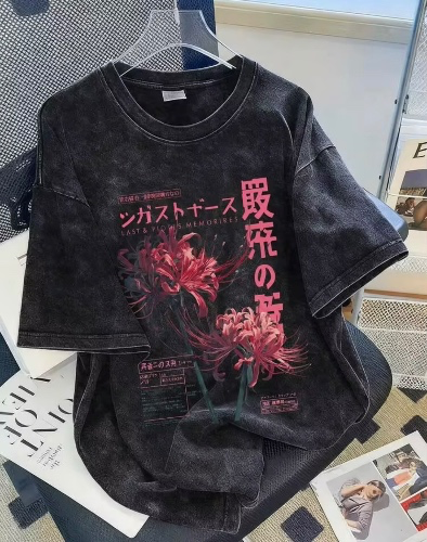 2026 Summer Women's Washed Distressed Crew Neck T-Shirt, Japanese Spider Lily And Japanese Character Print, Casual Loose Fit Top Black