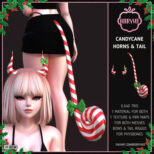 CANDYCANE HORNS &amp; TAIL | RIGGED | VRCHAT ASSET