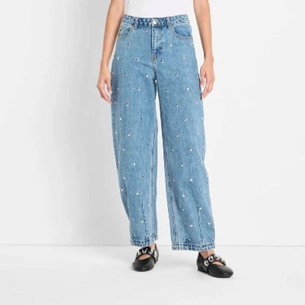 Women's Mid-Rise Studded Barrel Leg Jeans - Future Collective Blue Denim 00
