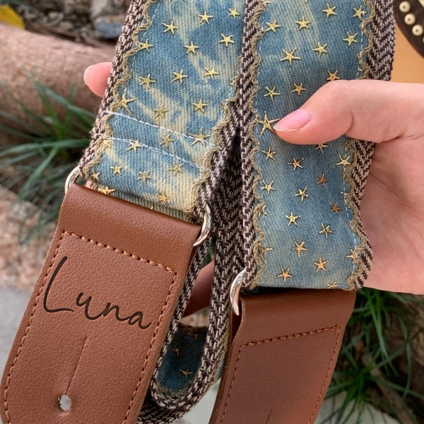 Strap with Stars,Vintage manual Acoustic Guitar Strap, Adjustable Guitar Strap,Guitar Accessories,Leather Ends,Guitar Lovers Gift