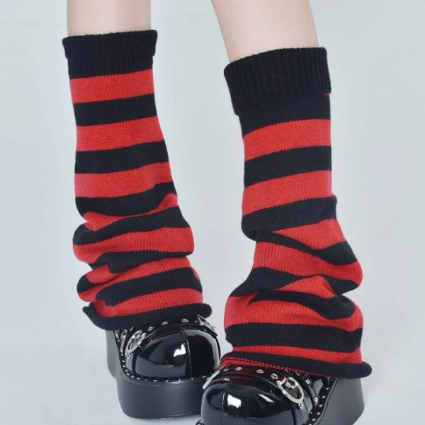 Flared Striped Knit Leg Warmer Socks striped black red