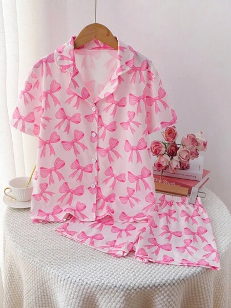 Tween Girls Pajamas Set, Light Blue Butterfly Print Shirt & Shorts, Fashionable & Elegant 2 Pieces Sleepwear Pink Bow Pajama Set