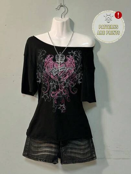 Attitoon Casual Heart Wing Pattern Sexy Loose Shoulder Women T-Shirt, Suitable For Summer,Rave Top Back To School