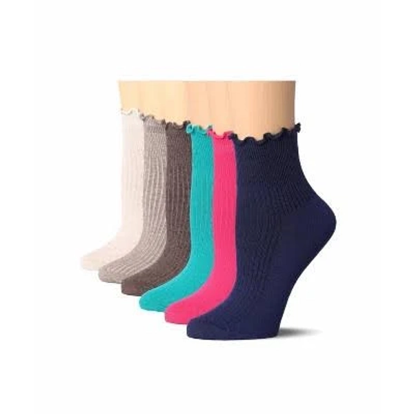 Tipi Toe Womens 3 Pack Turn-Cuff Solid Lettuce Edge Lightweight Quarter Length Ruffle Socks