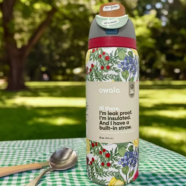 OWALA New for Winter! 32oz Stainless Steel Thermos - High-Quality Floral Print - Keeps Water Cold or Hot - Stainless Steel Water Bottle with Push-On Dust-Proof Lid and Plastic Straw