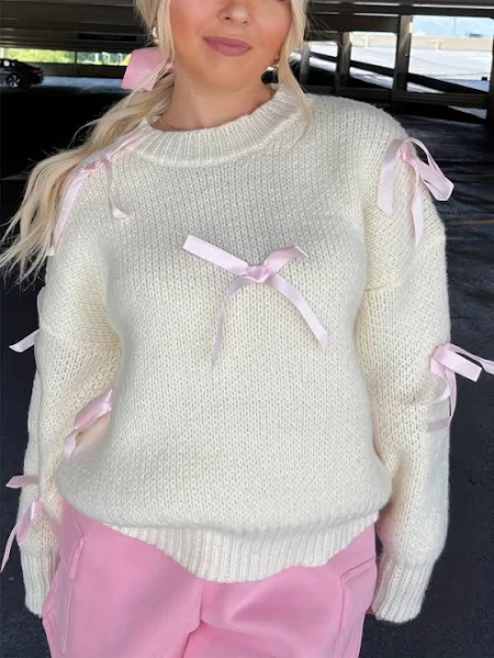Y2k Crewneck Long Sleeve Satin Bow Pullover Sweater