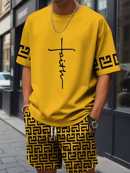 New Men's Cross Print T-Shirt and Shorts Set Stylish Streetwear Short-Sleeve Top and Shorts Combination Holiday Men's Apparel - AliExpress 200000343