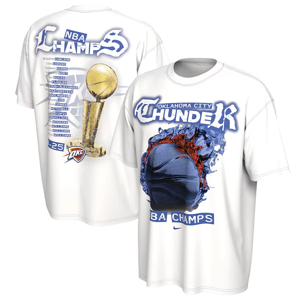  Oklahoma City Thunder Nike Unisex 2025 NBA Finals Champions Celebration Parade Roster T-Shirt - White