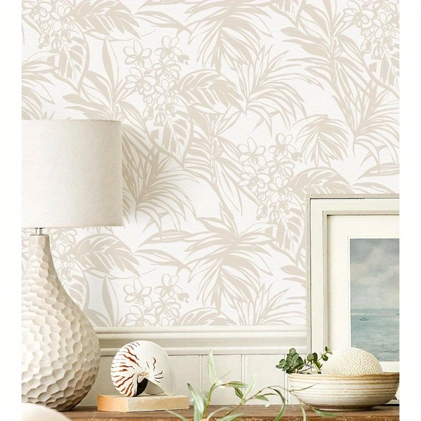 16. 9''x118'' Beige Peel and Stick Wallpaper Tropical Leaf Removable Wall Paper Beige Self Adhesive Stick on Wallpaper Modern DIY Contact Paper for Cabinets Accent Wall Waterproof Vinyl Roll