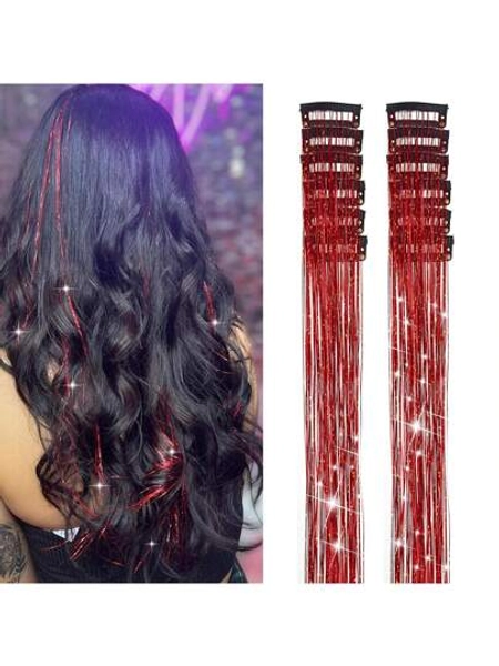 6Pcs Hair Tinsel Clip In 23.6Inch Glitter Tinsel Hair Extensions Clip In Hair Tinsel Kit Heat Resistant Shiny Sparkle Fairy Hair Accessories For Women(Red)