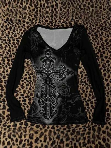 Attitoon Women's V-Neck Casual Minimalist Grunge Punk Retro Gothic Cross Dark Print Fitted Long Sleeve T-Shirt, Versatile, Suitable For Airport, ChicIn Fall/Winter
