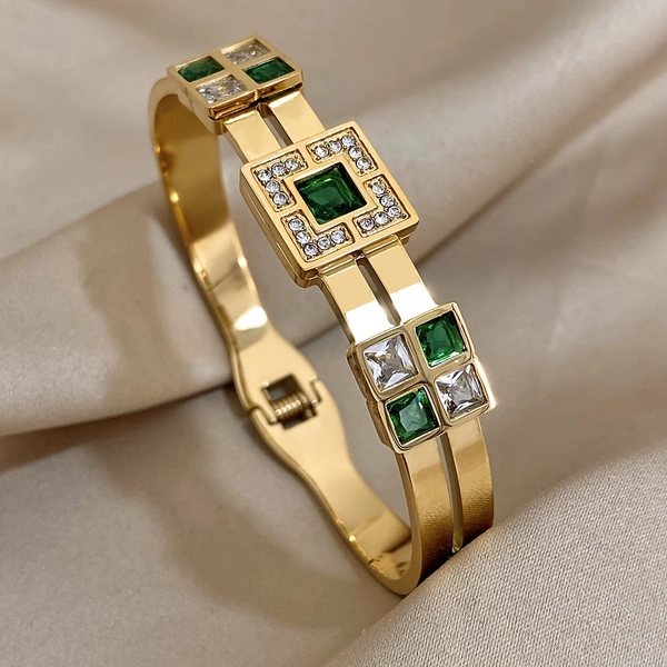 Luxury Stainless Steel Bracelet with Green Synthetic Cubic Zirconia - Fashion Bracelet Jewelry