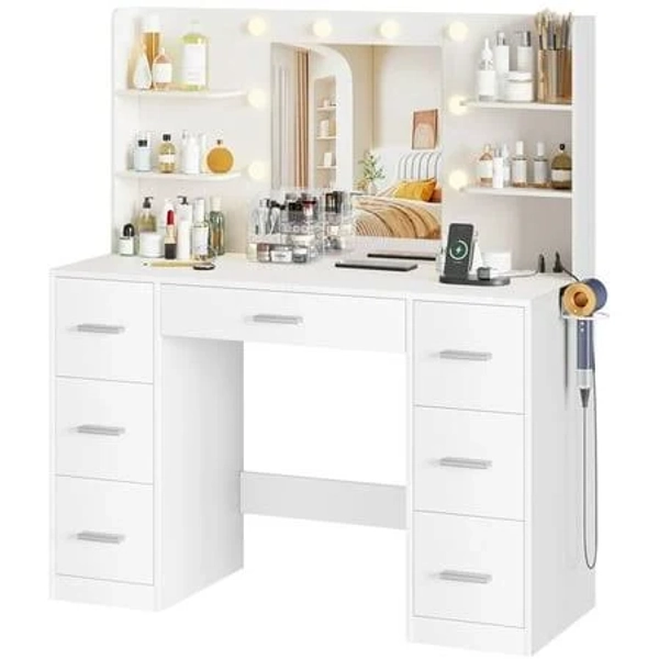Vineego Makeup Vanity Desk with Mirror, Lights & Power Outlet Vanity Table with 7 Drawers and 6 Storage Shelves for Bedroom