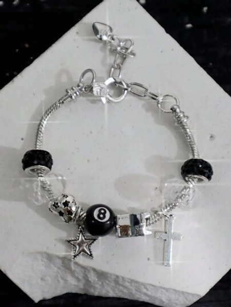 1pc 8-Ball Billiard Charm Adjustable Bracelet, 1pc Star & Cross Charm Bracelet, 1pc Leopard & Minimalist Charm Bracelet, Adjustable Couple Bracelets