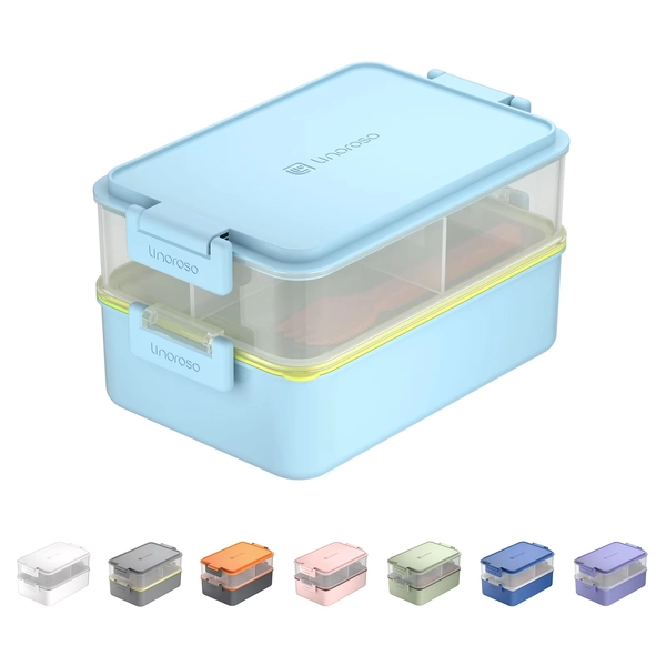 Linoroso All-in-One Bento Box Adult Lunch Box, 2 Stackable Leakproof Bento Lunch Box for Adults, Built-in Sauce Cups, Fork and Spoon - Canal Blue - Walmart.com